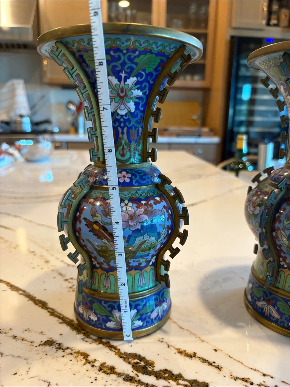 Blue Cloisonné Floral Decorative Vase Pair. Made out of metal